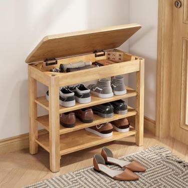 Imagem de IUNVR Banco de sapateira, banco de madeira de seringueira, 3 camadas, 250 kg, design moderno compacto de meados do século para entrada, corredor, armário, entrada da porta da frente, hall de entrada