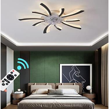 Imagem de Ventilador de teto com iluminação, regulável, com controle remoto, silencioso, 3 velocidades de vento ajustáveis, design criativo de flor e luz para sala de estar e quarto, 50 cm (preto)