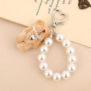 Imagem de 1 chaveiro de contas de ursos fofos, acessório de carteira de pelúcia de ursos de pérola, cabide de bolsa elegante e versátil, uma escolha de presente para mulheres (multicolorido, cáqui)