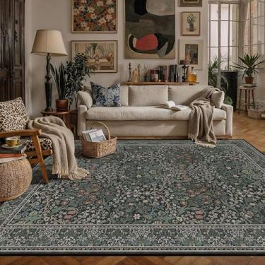 Imagem de HUGEAR Tapetes vintage florais laváveis 12 x 18 cm, preto e verde - estilo oriental neutro retrô, resistente a manchas, antiderrapante, para crianças e animais de estimação, para sala de estar, quarto