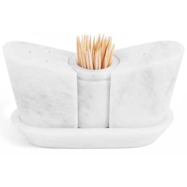 Imagem de Conjunto de saleiro e pimenteiro de mármore de 6 cm para cozinha, recipiente de sal ideal, suporte de palito com bandeja, conjunto de sal e pimenta