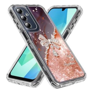 Imagem de Rosebono Compatível com Samsung Galaxy A16 Sparkle Rhinestone Diamond Colorful Butterfly Graphics Design 3-Layer Hybrid Armor Cover Case (Laranja)