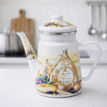 Imagem de Bule Bico Pescoço Ganso Esmaltado Decorativo Fogão Indução Retro Alça 