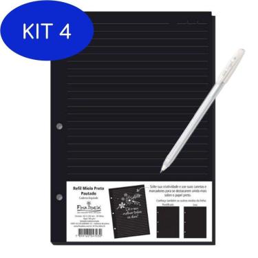 Imagem de Kit 4 Refil Pautado Preto-Fichário + Caneta Gel Tinta Branca