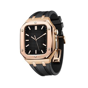 Imagem de AEMALL para pulseira de relógio Apple 45mm 44mm capa protetora de cobertura total homens mulheres capa protetora de metal com alça de silicone à prova de choque (cor: rosa preto, tamanho: 45MM para 7)