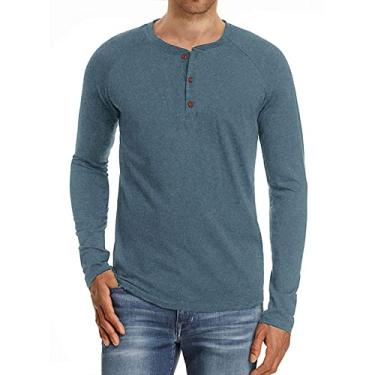 Imagem de NJNJGO Camiseta masculina de manga comprida Henley de algodão casual camiseta slim fit com botões, Azul A, P