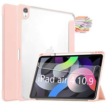 Imagem de Capa Billionn para iPad Air 4ª geração + protetor de tela, capa dobrável em três partes para iPad Air 4 10,9 polegadas 2020 Auto hibernar/despertar, capa traseira transparente, rosa
