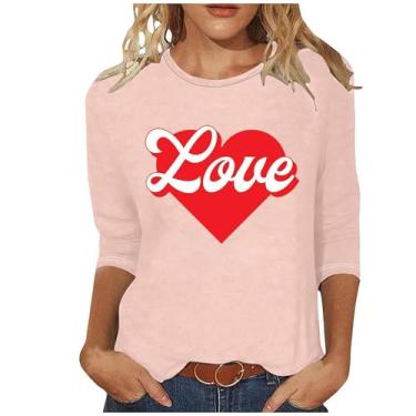 Imagem de Camisetas femininas com estampa de coração de três quartos para meninas e mulheres Cruise Cute Spring Tops para mulheres, Blusa feminina rosa com mangas 3/4, 3G