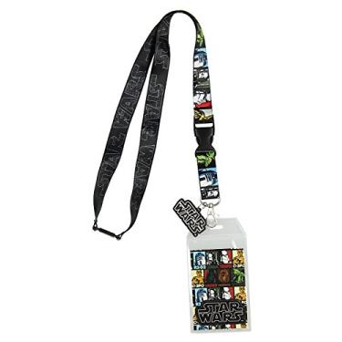 Imagem de Chaveiro Star Wars com vários personagens de dois lados com pingente e adesivo colecionável
