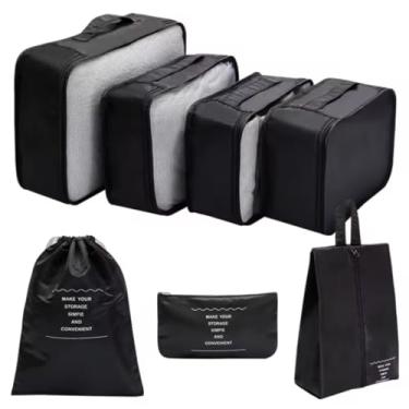 Imagem de Kit Organizador de Malas Para Viagem Conjunto Organizador de Bagagem 7 Peças Bolsa Organizadora Para Roupas Acessórios Sapato Estojo de Maquiagem Cosméticos (Preto)
