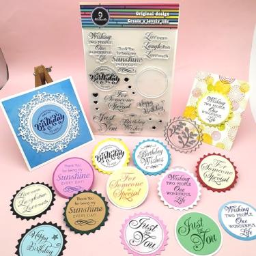 Imagem de Alinacutle 1 carimbos transparentes de saudação e 1 peça de matrizes de corte de metal com etiqueta circular para fazer cartões feitos à mão, scrapbooking e álbuns, papel, artesanato, diário,