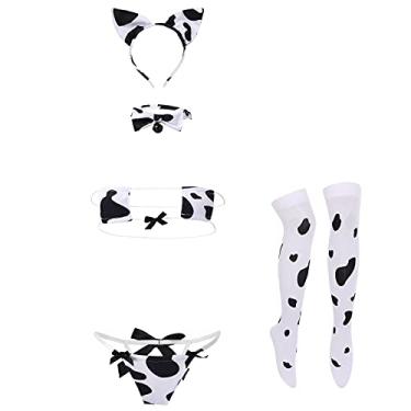Imagem de FYMNSI Conjunto de lingerie feminina sexy de vaca leiteira, anime, fantasia, cosplay, mini biquíni com gargantilha de sino, meias, Micro biquíni de vaca branca, One Size