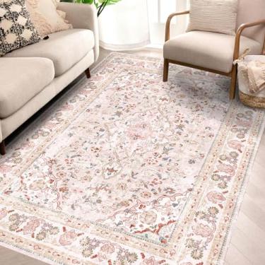 Imagem de Vhong Tapetes rosa laváveis boho vintage moderno neutro pequeno tapete 4 × 6 tapetes de alto tráfego para sala de jantar, sala de estar, quarto, quarto de meninas, quarto de bebê, antiderrapante