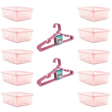 Imagem de Kit 10 Cestos Multiuso 16x12x6Cm e 10 Cabides Infantis Rosa - 123 Orga