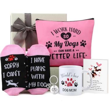 Imagem de Jingmore 6 peças de presentes de mãe de cachorro para mulheres bolsa de maquiagem divertida novidade canecas de café com tema de cachorro cesta de presente para amantes de cães conjunto de presente