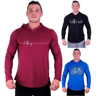 Imagem de Kit 3 Camisetas Manga Longa com Touca Longline Estampada Fitness Musculação Dia-a-Dia-Masculino