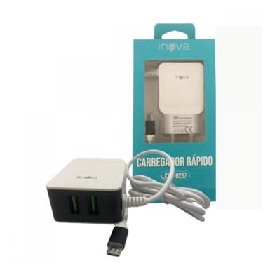 Imagem de Carregador Rápido Inova CAR-8237, 4.1A, 2 Portas USB, Cabo V8 Incluso, Branco (Azul)
