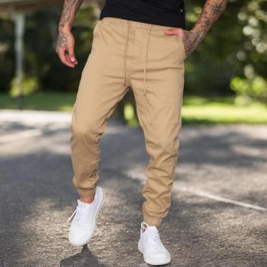 Imagem de Calça Jogger Masculina Punho Lycra Elastano Streetwear - Volgue, Bege,