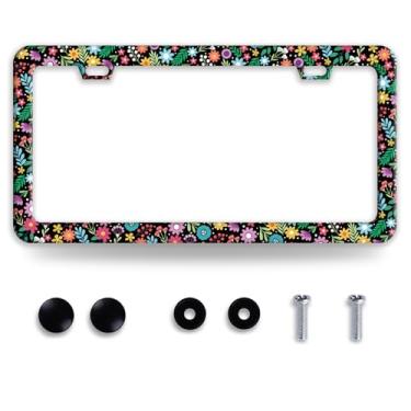 Imagem de Moldura de placa de licença de flores coloridas molduras engraçadas para placa de licença acessórios de aço inoxidável decoração de carros com 2 furos e parafusos serve para suporte de placa de