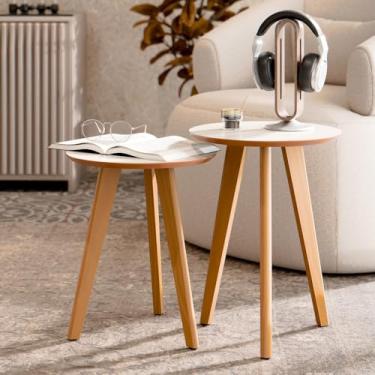 Imagem de Kit Mesa Apoio e Lateral de Sofá Retrô Classic com 3 Pernas Decoração - Off White/Freijó