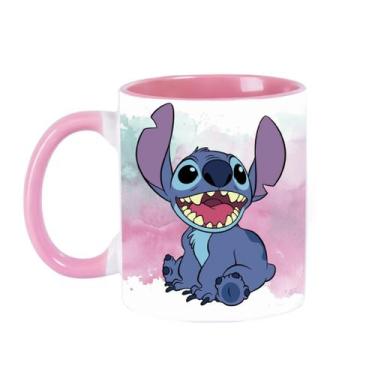 Imagem de Caneca Porcelana Alça Colorida Stitch Feliz 325ml Resistente - Impacta