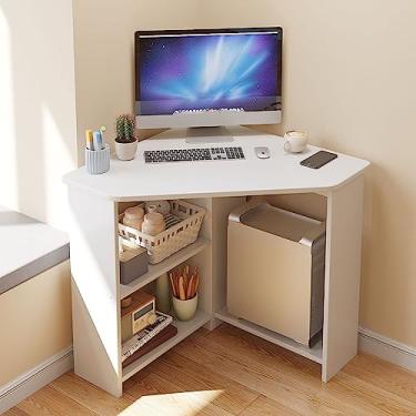 Imagem de Mesa de canto para espaço pequeno, mesa triangular para computador, mesa de canto com prateleiras e suporte de CPU, penteadeira para escritório em casa, local de trabalho (57 x 57 x 74 cm, branca)