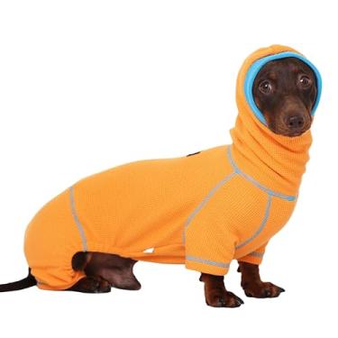 Imagem de WienieDay Suéter de gola rolê para cães Dachshund, macacão pulôver waffle para mini Dachshunds, pijama macio para cães de 4 pernas, roupa confortável para raças de corpo longo (laranja, médio (5,4-7,3