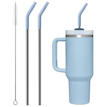 Imagem de Bluwing 2 peças de canudos de aço inoxidável para copo Stanley de 1,2 litros, acessórios de canudo Stanley de substituição com pontas de silicone e escova de limpeza (azul claro)