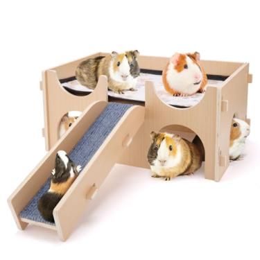 Imagem de Madeira de esconderijo de porquinho-da-índia, esconderijo de madeira de porquinho-da-índia, casa com rampa, castelo de porquinhos da índia para coelhos, hamsters, chinchilas, brincar de esconder