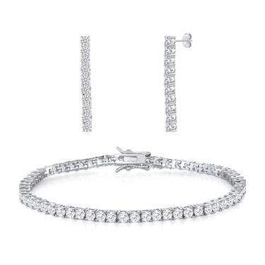 Imagem de MDFUN Conjunto de pulseira de tênis e brincos com pingente banhado a ouro branco 14K, conjunto de joias de zircônia cúbica de corte redondo de 3 a 5 mm para mulheres e homens, 16,5 a 19 cm, 7