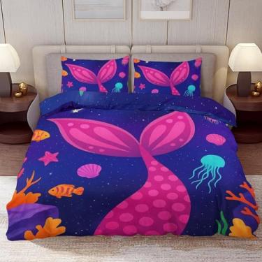 Imagem de Delerain Conjunto de capa de edredom solteiro, cauda de sereia rosa, conjunto de cama de 3 peças para meninos, meninas, adolescentes, moderno, microfibra macia, decoração de quarto, 1 capa de edredom