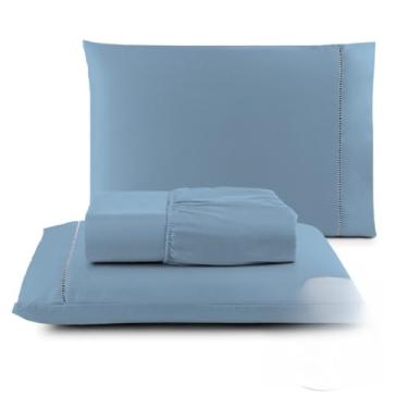 Imagem de Kit Lençol Casal Queen 3 Peças Micropercal 400 Fios – Extra Macio, Toque Acetinado, Elástico Total e Fronhas Ponto Palito(AZUL BEBÊ,CASAL)