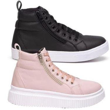 Imagem de Kit Coturno Feminino Rosa Plataforma + Coturno Preto Esporte Estilo Skate, Balada.-Feminino