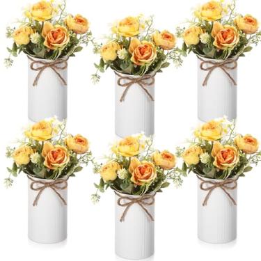 Imagem de Domensi 6 conjuntos de mesa de centro de mesa para decoração de mesa, rosa artificial amarela com vaso de metal, buquê de rosas de seda sintética, arranjo floral para chá de panela, jantar em casa