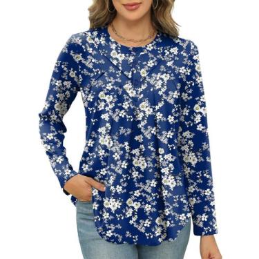 Imagem de Blusa túnica IECCP de manga comprida Henley feminina azul branca flora