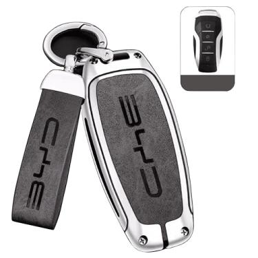 Imagem de Capa de Chave Premium BYD, Capa Protetora para Chave de Carro em Liga de Zinco e Couro – Case com Chaveiro e para BYD Han Ev Tang Dm Qin Plus Song Pro MAX Yuan Key (Prata Cinza)