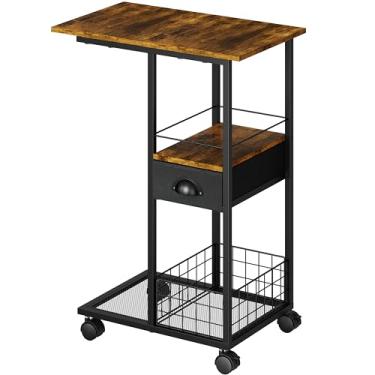 Imagem de Mesa lateral de sofá em forma de C com rodas, mesa de centro pequena com gaveta, bandeja de TV portátil para sofá, mesa de cabeceira com armazenamento, mesa de cabeceira estreita para quarto, mesas de