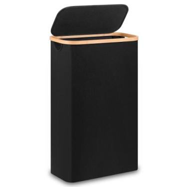Imagem de Cesto de roupa suja Merkisa Slim 60L com tampa e alça de bambu preto