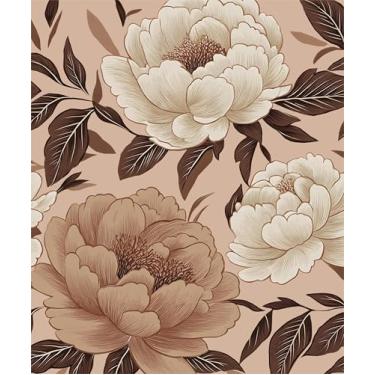 Imagem de Laatse Papel de parede floral rosa marrom descascar e colar vintage peônia papel de contato vinil autoadesivo removível elegante mural de parede floral para paredes de quarto, cômoda armário decoração