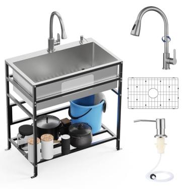 Imagem de Pia utilitária de aço inoxidável de 76 x 45 cm Praticidade com acessórios Torneira funcional inoxidável, dispensador de sabão, grade de pia SS para lavanderia, garagem, cozinha ao ar livre, jardim...