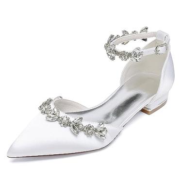 Imagem de HKMFLYY Sapatilhas femininas de cetim de bico fino para noivas confortáveis com strass sapatos de noiva para noite baile de formatura sapatos de vestido de festa 18448-46M, Branco, 41