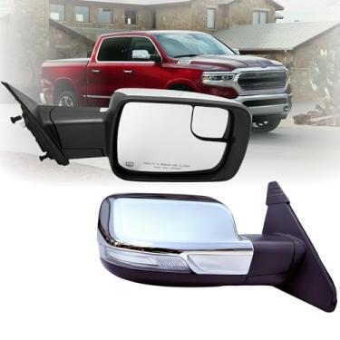 Imagem de Espelho lateral esquerdo do motorista compatível com Dodge Ram 1500 2019-2024 com vidro elétrico e aquecido, luz de seta e luz de poça, sensor de temperatura, dobra elétrica, cromo 14 pinos