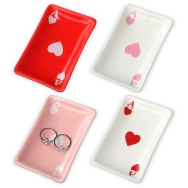 Imagem de Vesici 4 peças de anel de cerâmica Ace of Hearts para o Dia dos Namorados, bandejas, baralhos, padrão de cartas 6 x 10 cm, decoração de cerâmica para despedida de solteira, casamento, pôquer