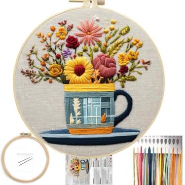 Imagem de FONNUY Kit de bordado floral para iniciantes, kits de padrão pré-estampado de flores coloridas para adultos com argola, bordado de linha, aro de 20 cm (copo)