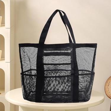 Imagem de Bolsa de praia de malha, bolsa de praia grande com bolso impermeável com zíper para a família, bolsa de piscina para brinquedos e itens essenciais de férias