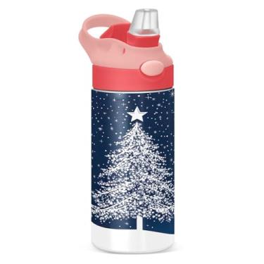 Imagem de YETTASBIN Garrafa de água de árvore de Natal para crianças, 340 g, à prova de vazamento, parede dupla, isolada, copo de viagem com tampa de canudo para meninas, meninos e crianças