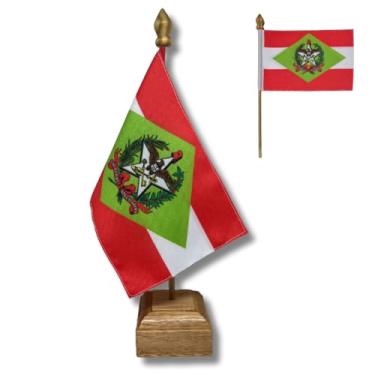Imagem de Bandeira de Mesa Elegance Santa Catarina, Decorativa, Dupla Face, Multicolorido, 19x30cm, Base em Madeira Natural, para Escritório, Eventos e Decoração