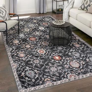 Imagem de KILOCOCO Tapete marroquino lavável para sala de estar, 12 x 18 cm, tapete floral vintage, antiderrapante, grande tapete de cozinha para cozinha, entrada, banheiro, quarto, escritório, carvão/multi