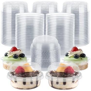 Imagem de Oungy Pacote com 50 copos de sobremesa de plástico de 227 g com tampas, copos descartáveis de parfait de frutas, tigelas de açaí para bebidas geladas, sorvete, cupcake, copos transparentes com tampas
