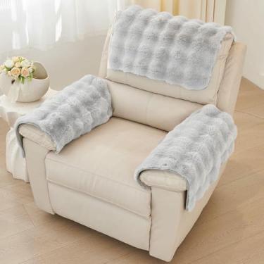 Imagem de Capas de apoio de braço macias e felpudas para poltronas reclináveis ​​com capa antiderrapante para encosto de cabeça, conjunto de 3 capas para braços de sofá. Proteção para móveis.
